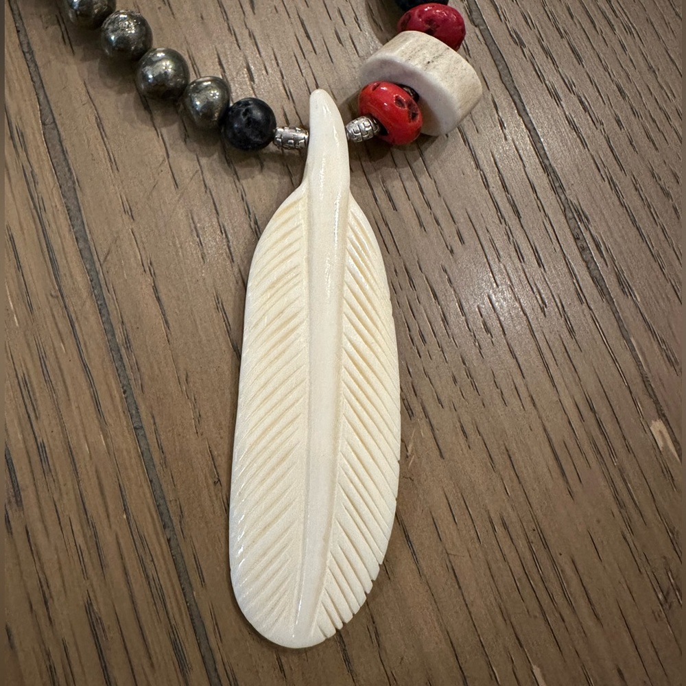 Elegant Carved Deer Bone, Red Coral, Lava rock Feather Pendant 20” Necklace.